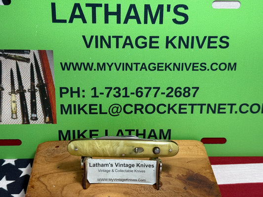 PRESTO GEO. SCHRADE CUT CO. BRIDGEPORT CONN. 1930-1940 TWIN BLADE DOUBLE BUTTON 3 3/8" VINTAGE AMERICAN AUTOMATIC KNIFE ONYX CELLULOID HANDLES