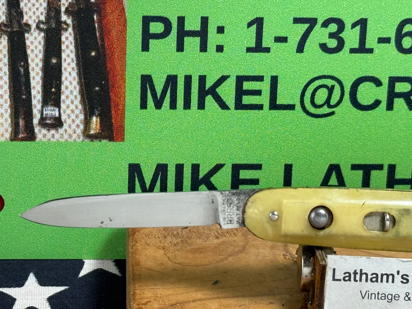 PRESTO GEO. SCHRADE CUT CO. BRIDGEPORT CONN. 1930-1940 TWIN BLADE DOUBLE BUTTON 3 3/8" VINTAGE AMERICAN AUTOMATIC KNIFE ONYX CELLULOID HANDLES