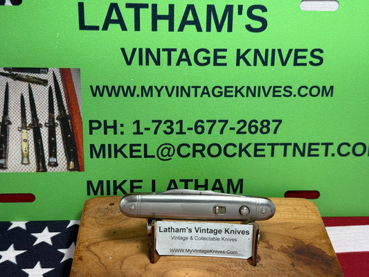 PRESTO GEO. SCHRADE BRIDGEPORT CONN. 1940-1959 TWIN BLADE DOUBLE BUTTON 3 3/8" VINTAGE AMERICAN AUTOMATIC KNIFE METAL HANDLES