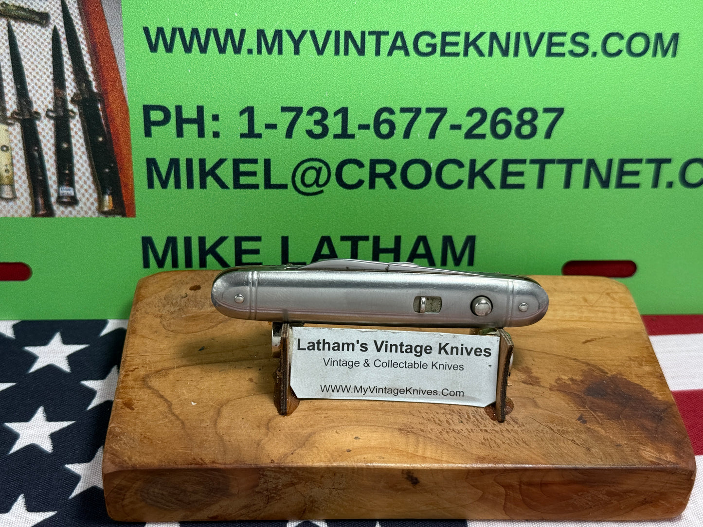 PRESTO GEO. SCHRADE BRIDGEPORT CONN. 1940-1959 TWIN BLADE DOUBLE BUTTON 3 3/8" VINTAGE AMERICAN AUTOMATIC KNIFE METAL HANDLES