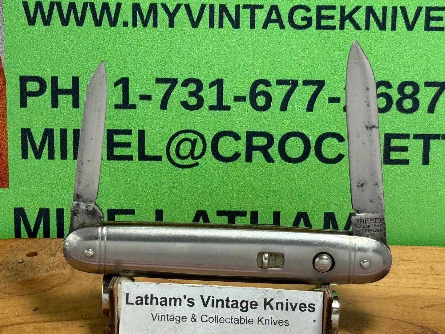 PRESTO GEO. SCHRADE BRIDGEPORT CONN. 1940-1959 TWIN BLADE DOUBLE BUTTON 3 3/8" VINTAGE AMERICAN AUTOMATIC KNIFE METAL HANDLES