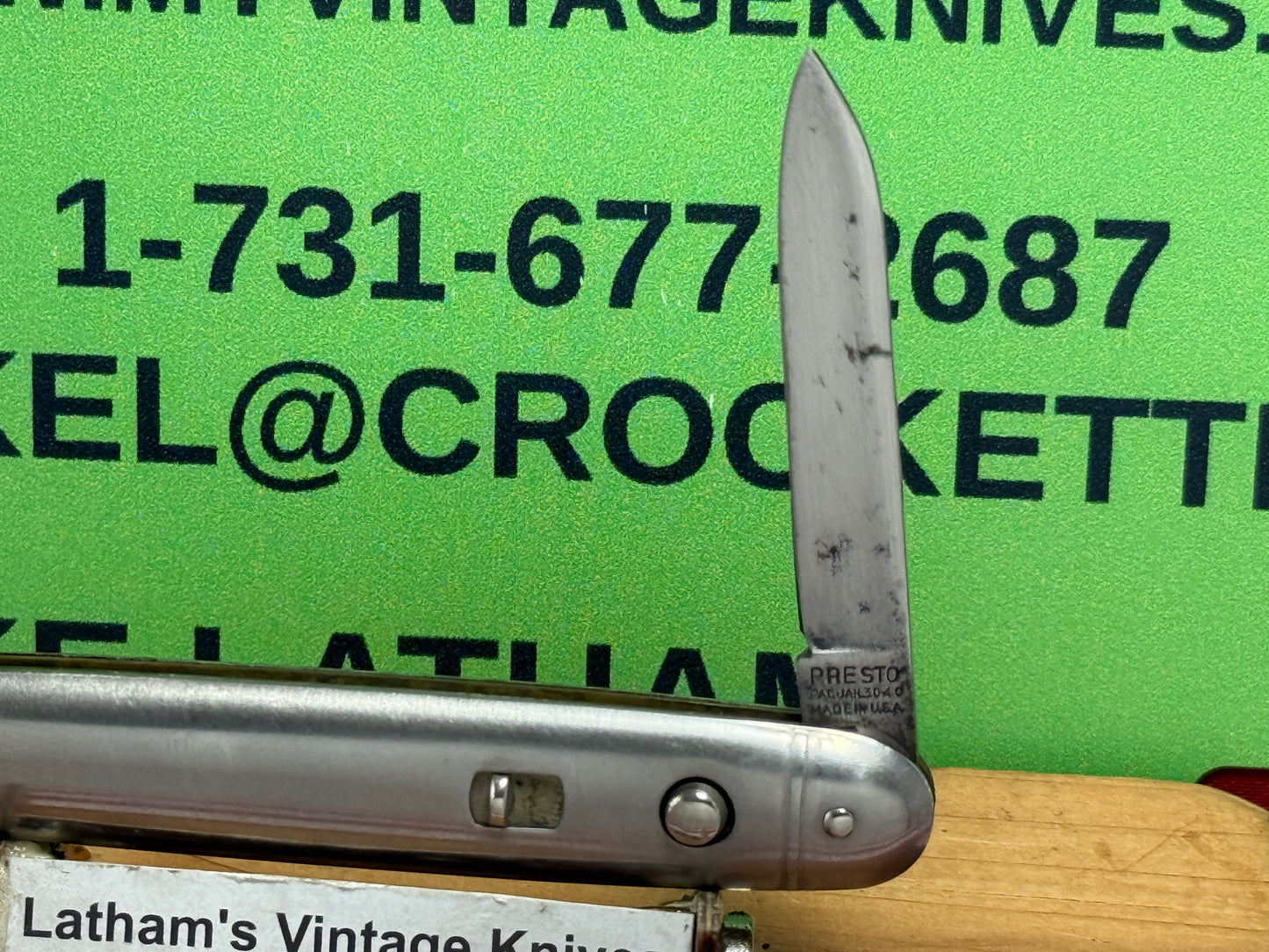 PRESTO GEO. SCHRADE BRIDGEPORT CONN. 1940-1959 TWIN BLADE DOUBLE BUTTON 3 3/8" VINTAGE AMERICAN AUTOMATIC KNIFE METAL HANDLES