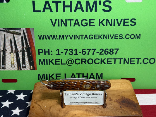 PRESTO GEO. SCHRADE BRIDGEPORT CONN. 1935-40 TWIN BLADE GIRL SCOUT EDITION WITH BAIL VINTAGE AMERICAN AUTOAMTIC KNIFE 3 3/8" DOUBLE BUTTON JIGGED BONE HANDLES