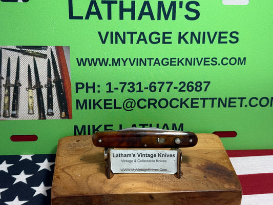 PRESTO GEO. SCHRADE BRIDGEPORT CONN. 1940-59 TWIN BLADE DOUBLE BUTTON 3 3/8" VINTAGE AMERICAN AUTOMATIC KNIFE IMITATION TORTOISE SHELL HANDLES