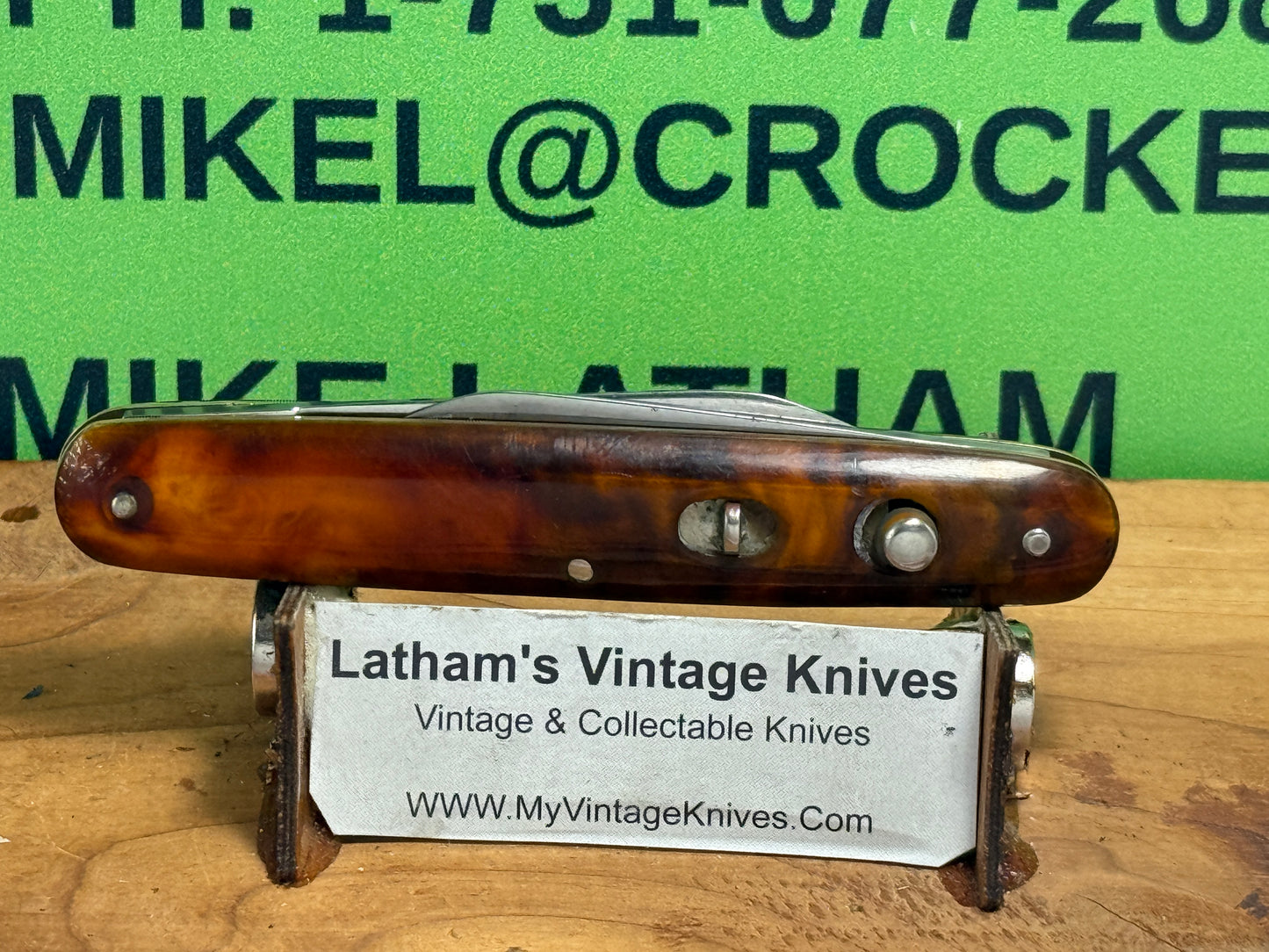 PRESTO GEO. SCHRADE BRIDGEPORT CONN. 1940-59 TWIN BLADE DOUBLE BUTTON 3 3/8" VINTAGE AMERICAN AUTOMATIC KNIFE IMITATION TORTOISE SHELL HANDLES