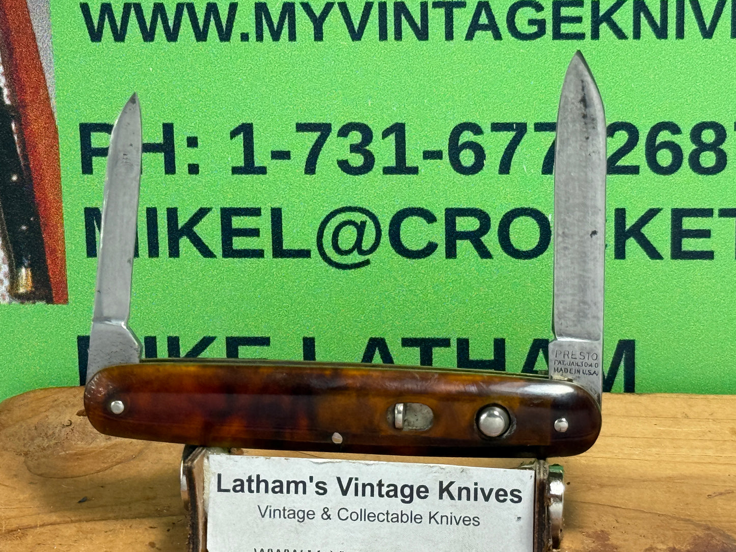 PRESTO GEO. SCHRADE BRIDGEPORT CONN. 1940-59 TWIN BLADE DOUBLE BUTTON 3 3/8" VINTAGE AMERICAN AUTOMATIC KNIFE IMITATION TORTOISE SHELL HANDLES