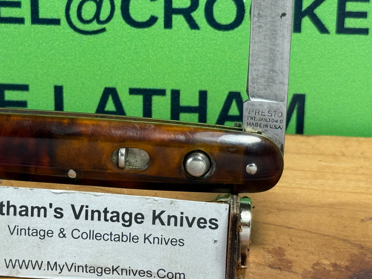 PRESTO GEO. SCHRADE BRIDGEPORT CONN. 1940-59 TWIN BLADE DOUBLE BUTTON 3 3/8" VINTAGE AMERICAN AUTOMATIC KNIFE IMITATION TORTOISE SHELL HANDLES