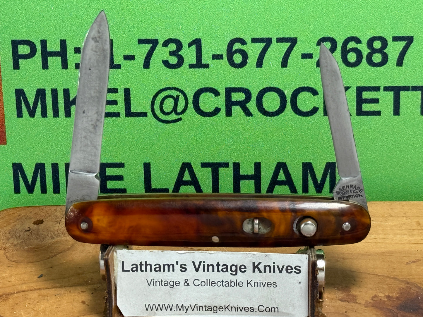 PRESTO GEO. SCHRADE BRIDGEPORT CONN. 1940-59 TWIN BLADE DOUBLE BUTTON 3 3/8" VINTAGE AMERICAN AUTOMATIC KNIFE IMITATION TORTOISE SHELL HANDLES