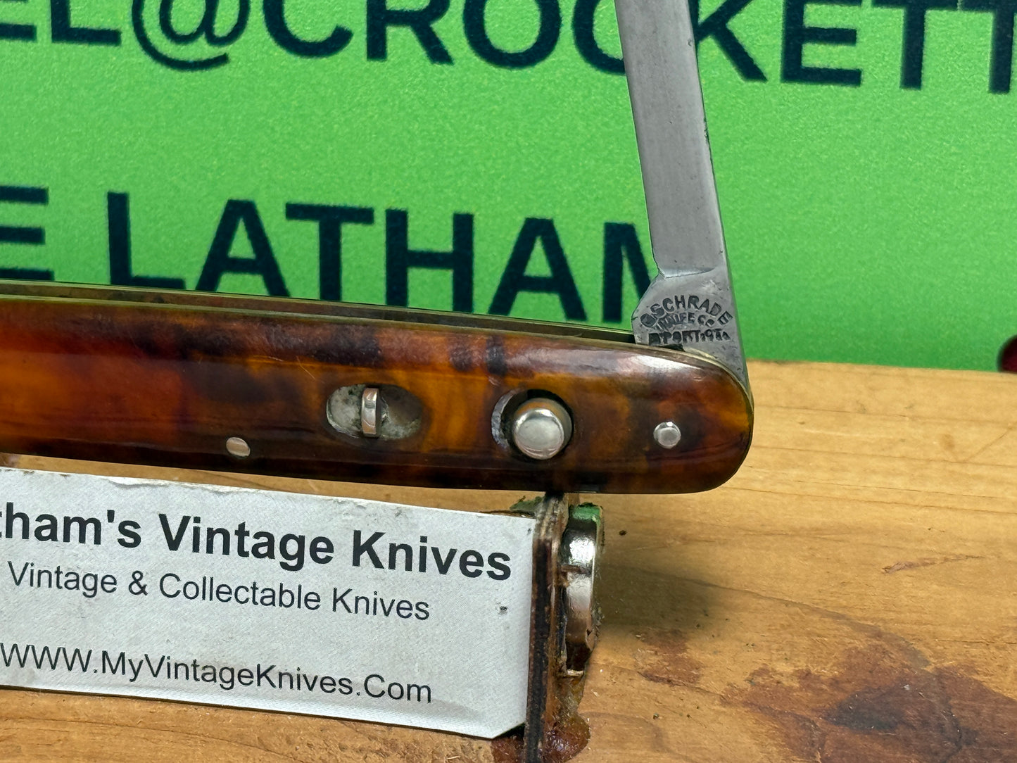 PRESTO GEO. SCHRADE BRIDGEPORT CONN. 1940-59 TWIN BLADE DOUBLE BUTTON 3 3/8" VINTAGE AMERICAN AUTOMATIC KNIFE IMITATION TORTOISE SHELL HANDLES