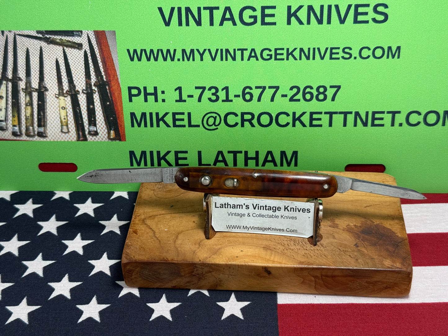 PRESTO GEO. SCHRADE BRIDGEPORT CONN. 1940-59 TWIN BLADE DOUBLE BUTTON 3 3/8" VINTAGE AMERICAN AUTOMATIC KNIFE IMITATION TORTOISE SHELL HANDLES