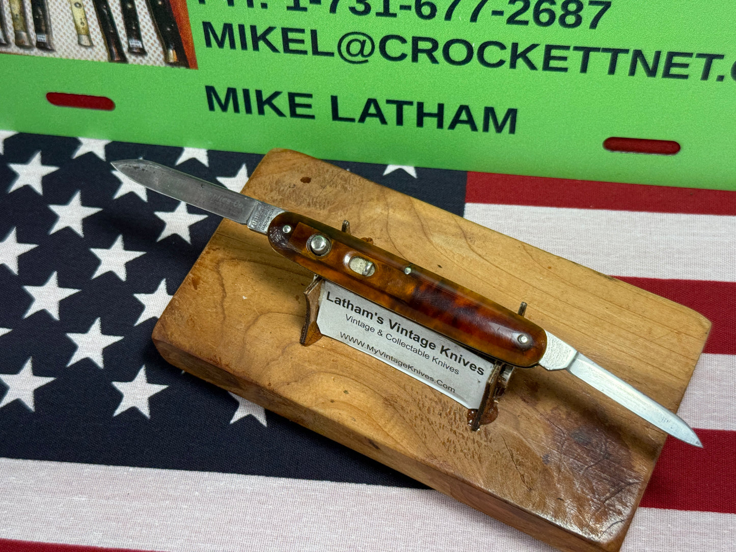 PRESTO GEO. SCHRADE BRIDGEPORT CONN. 1940-59 TWIN BLADE DOUBLE BUTTON 3 3/8" VINTAGE AMERICAN AUTOMATIC KNIFE IMITATION TORTOISE SHELL HANDLES