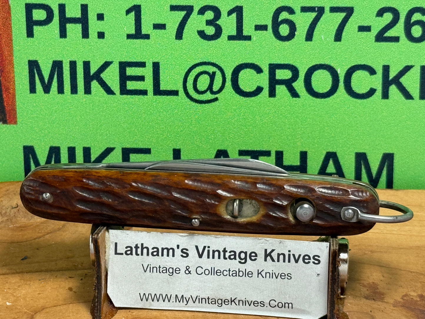 PRESTO GEO. SCHRADE BRIDGEPORT CONN. 1935-40 TWIN BLADE GIRL SCOUT EDITION WITH BAIL VINTAGE AMERICAN AUTOMATIC KNIFE 3 3/8" DOUBLE BUTTON JIGGED BONE HANDLES