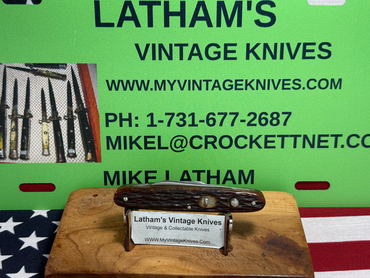 PRESTO GEO. SCHRADE BRIDGEPORT CONN. 1940-59 TWIN BLADE PAT. 30-40 VINTAGE AMERICAN AUTOMATIC KNIFE 3 3/8" DOUBLE BUTTON JIGGED BONE HANDLES