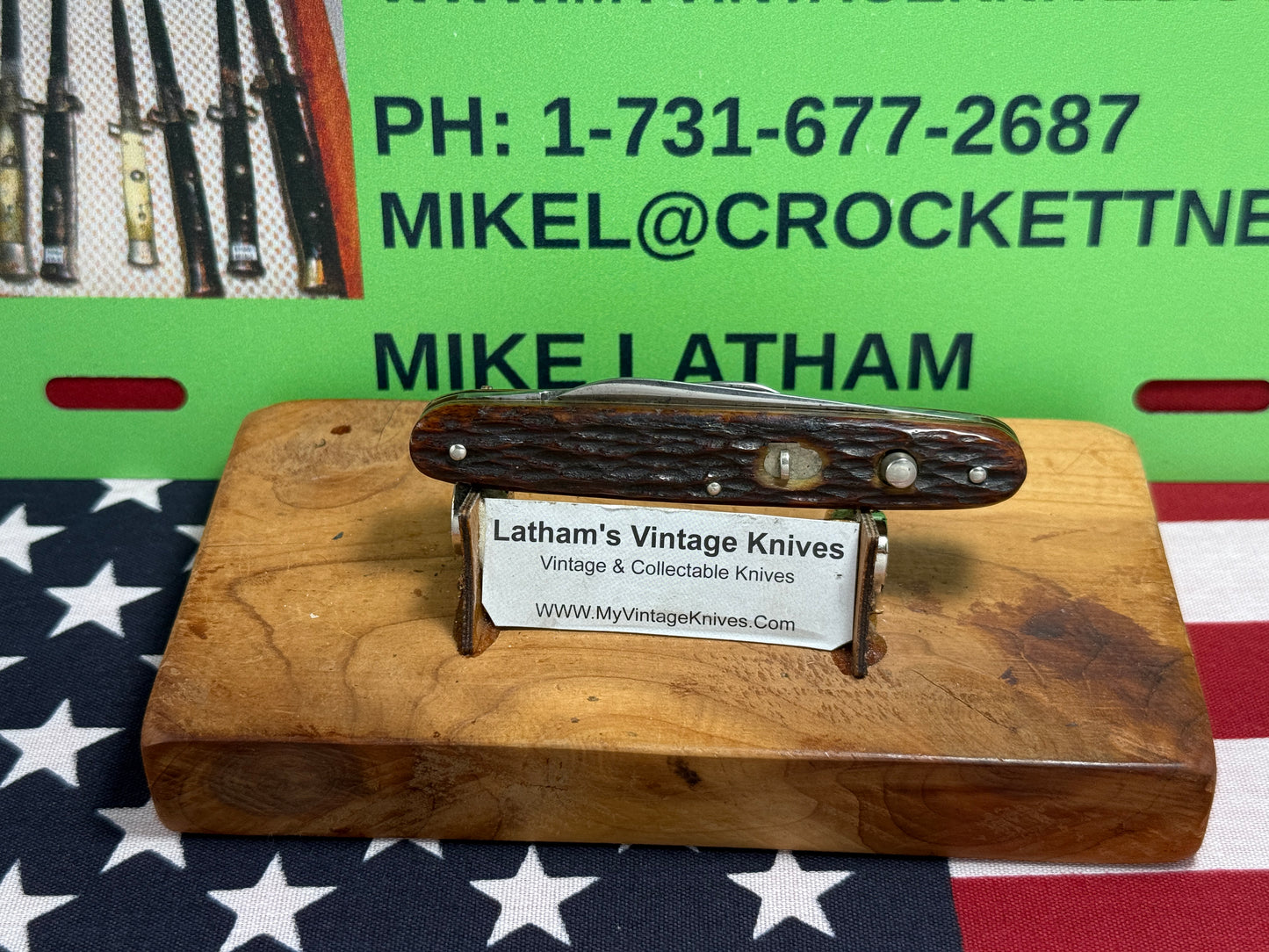 PRESTO GEO. SCHRADE BRIDGEPORT CONN. 1940-59 TWIN BLADE PAT. 30-40 VINTAGE AMERICAN AUTOMATIC KNIFE 3 3/8" DOUBLE BUTTON JIGGED BONE HANDLES