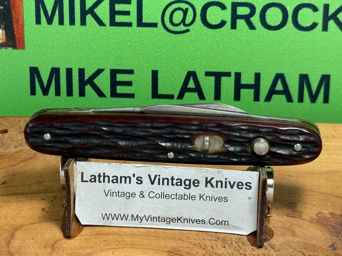 PRESTO GEO. SCHRADE BRIDGEPORT CONN. 1940-59 TWIN BLADE PAT. 30-40 VINTAGE AMERICAN AUTOMATIC KNIFE 3 3/8" DOUBLE BUTTON JIGGED BONE HANDLES