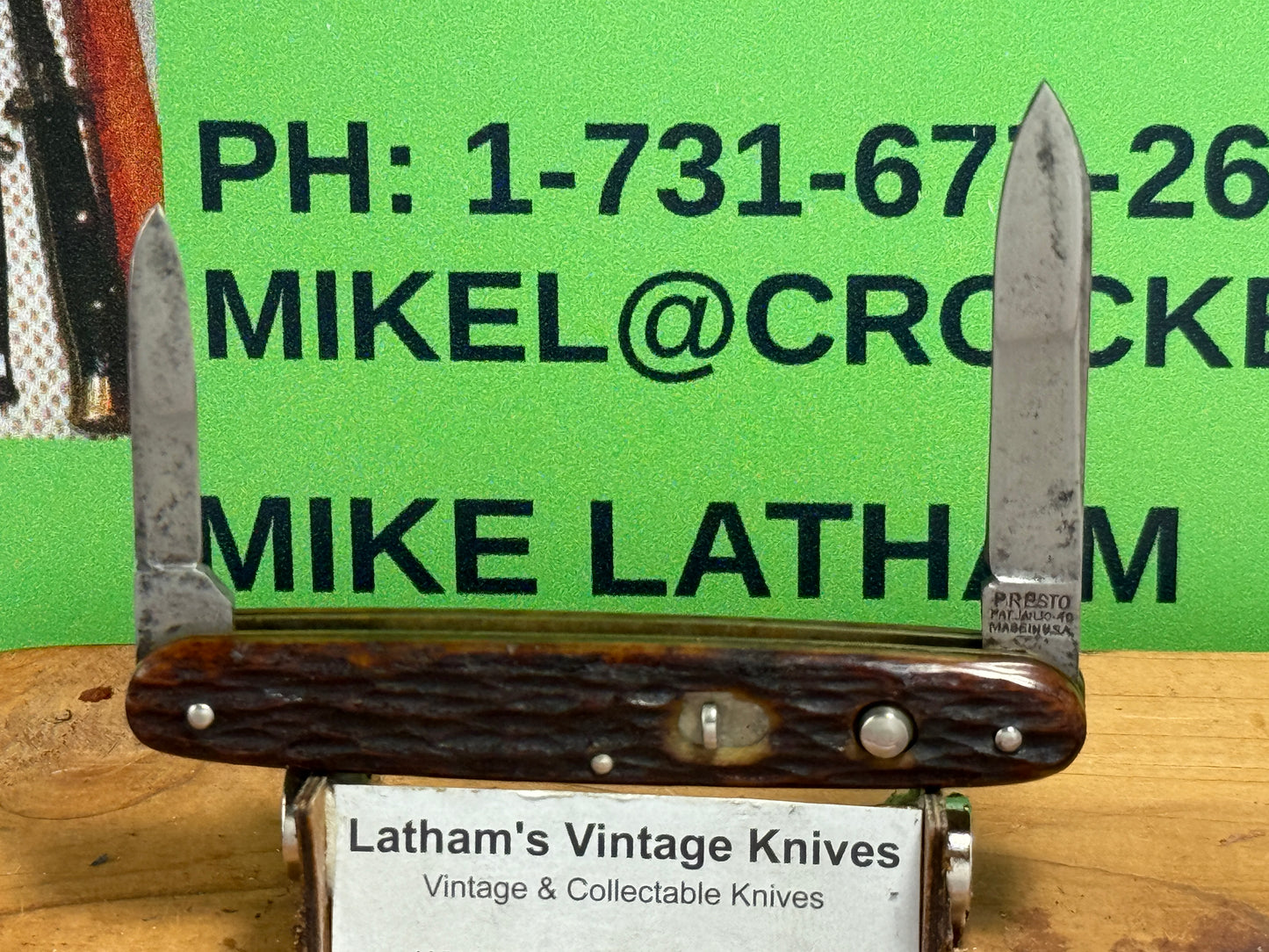 PRESTO GEO. SCHRADE BRIDGEPORT CONN. 1940-59 TWIN BLADE PAT. 30-40 VINTAGE AMERICAN AUTOMATIC KNIFE 3 3/8" DOUBLE BUTTON JIGGED BONE HANDLES