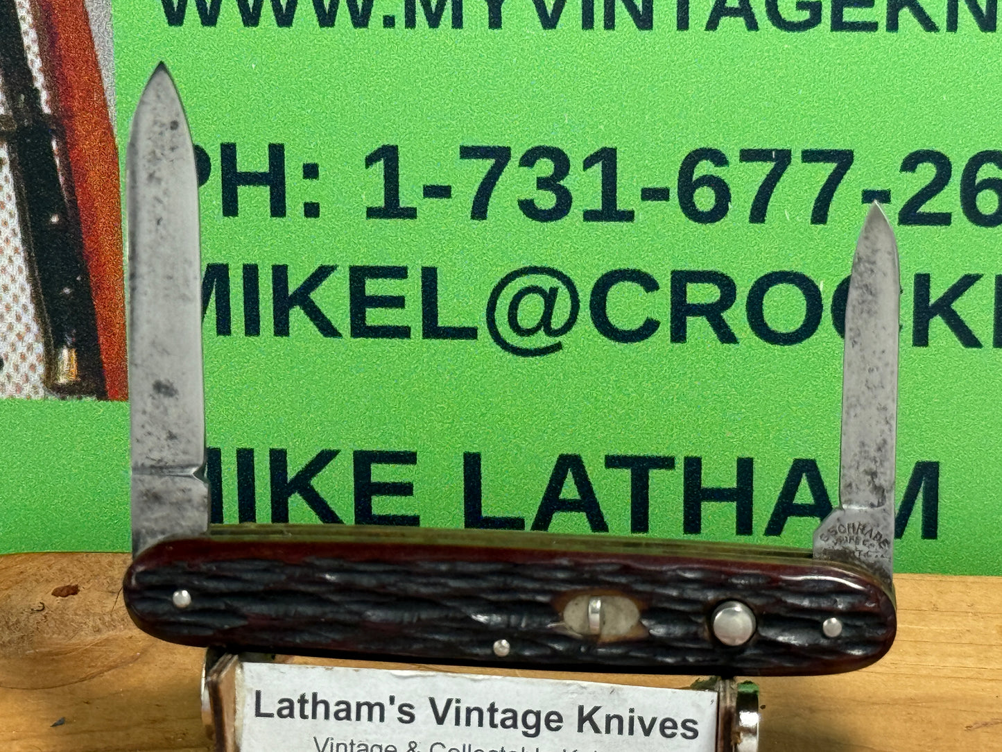 PRESTO GEO. SCHRADE BRIDGEPORT CONN. 1940-59 TWIN BLADE PAT. 30-40 VINTAGE AMERICAN AUTOMATIC KNIFE 3 3/8" DOUBLE BUTTON JIGGED BONE HANDLES