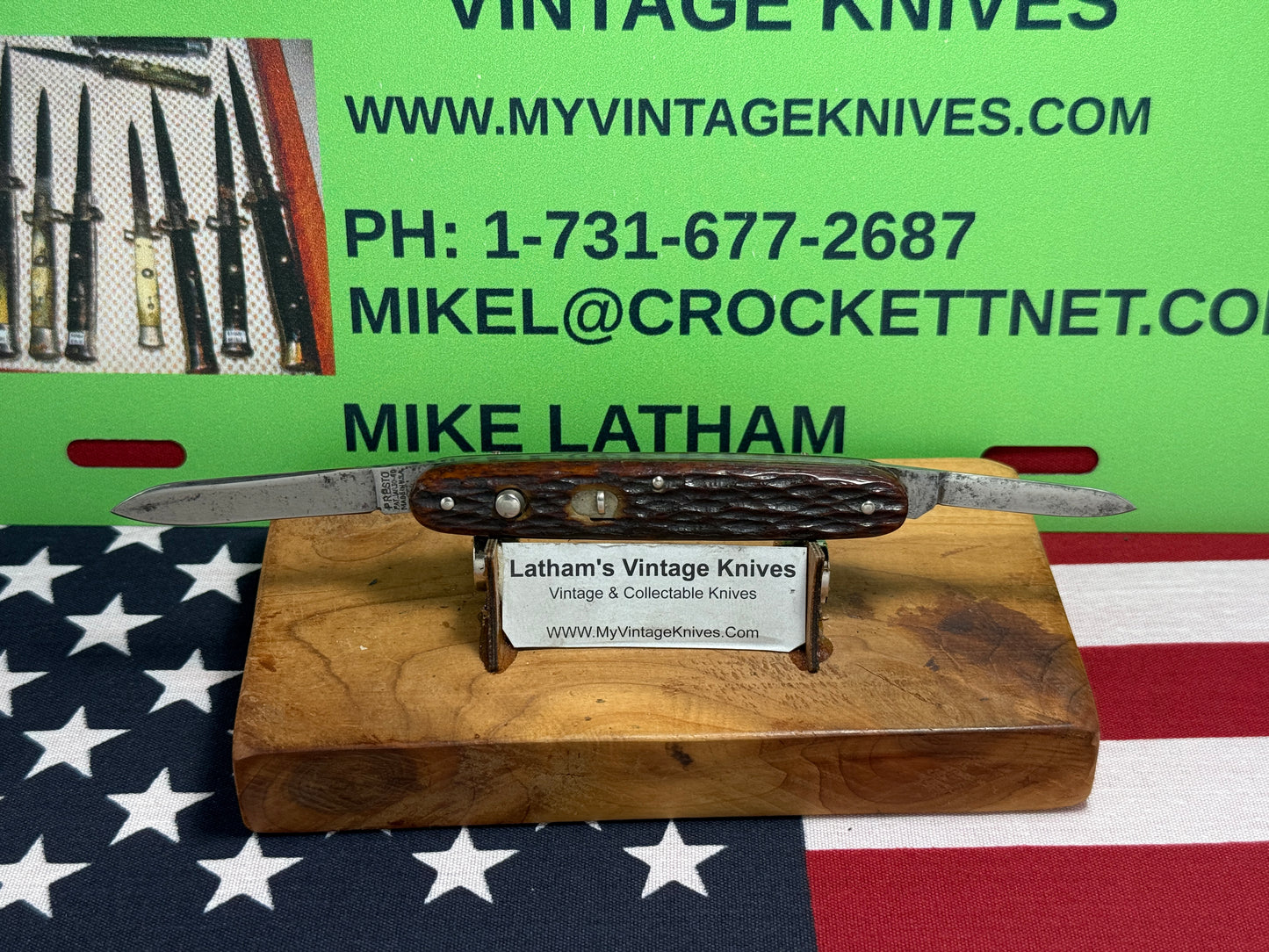 PRESTO GEO. SCHRADE BRIDGEPORT CONN. 1940-59 TWIN BLADE PAT. 30-40 VINTAGE AMERICAN AUTOMATIC KNIFE 3 3/8" DOUBLE BUTTON JIGGED BONE HANDLES