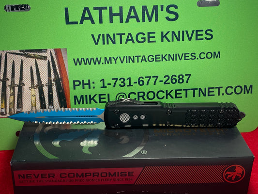 MICROTECH ULTRATECH D/E JK 06/2023 S/N 8739 OTF SIGNATURE SERIES 122-D3 JK TACTICAL AUTOMATIC KNIFE BLUE DOUBLE FULL SERRATED BLADE