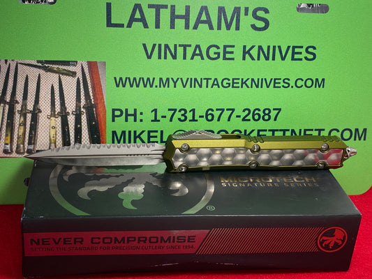 MICROTECH MAKORA D/E 09/2023 SIGNATURE SERIES 206-12 ODBIS STONEWASH BUBBLE INLAY TACTICAL AUTOMATIC KNIFE FULL SERRATED BLADE OD GREEN HANDLES