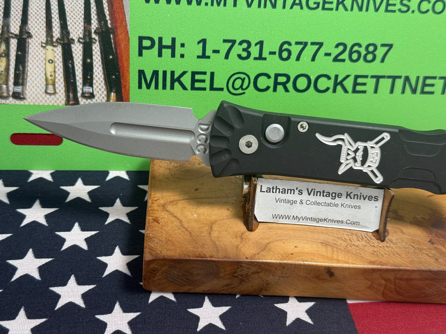 DALTON, ROB CUSTOM AUTOMATIC KNIFE 1998-2010 SIDE OPENING MINI ASSASSIN WITH SKULL 009 DCC TACTICAL AUTOMATIC KNIFE BLACK METAL HANDLES