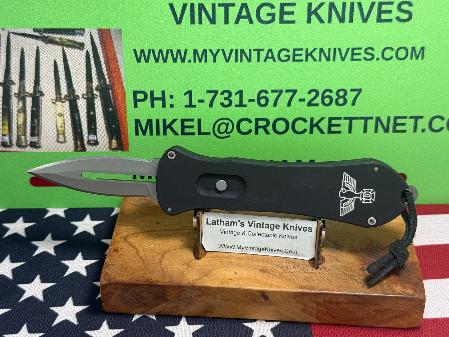 DALTON, ROB CUSTOM KNIFE 1998-2010 TANGO WITH EAGEL OTF SINGLE ACTION TACTICAL AUTOMATIC KNIFE BLACK METAL HANDLES