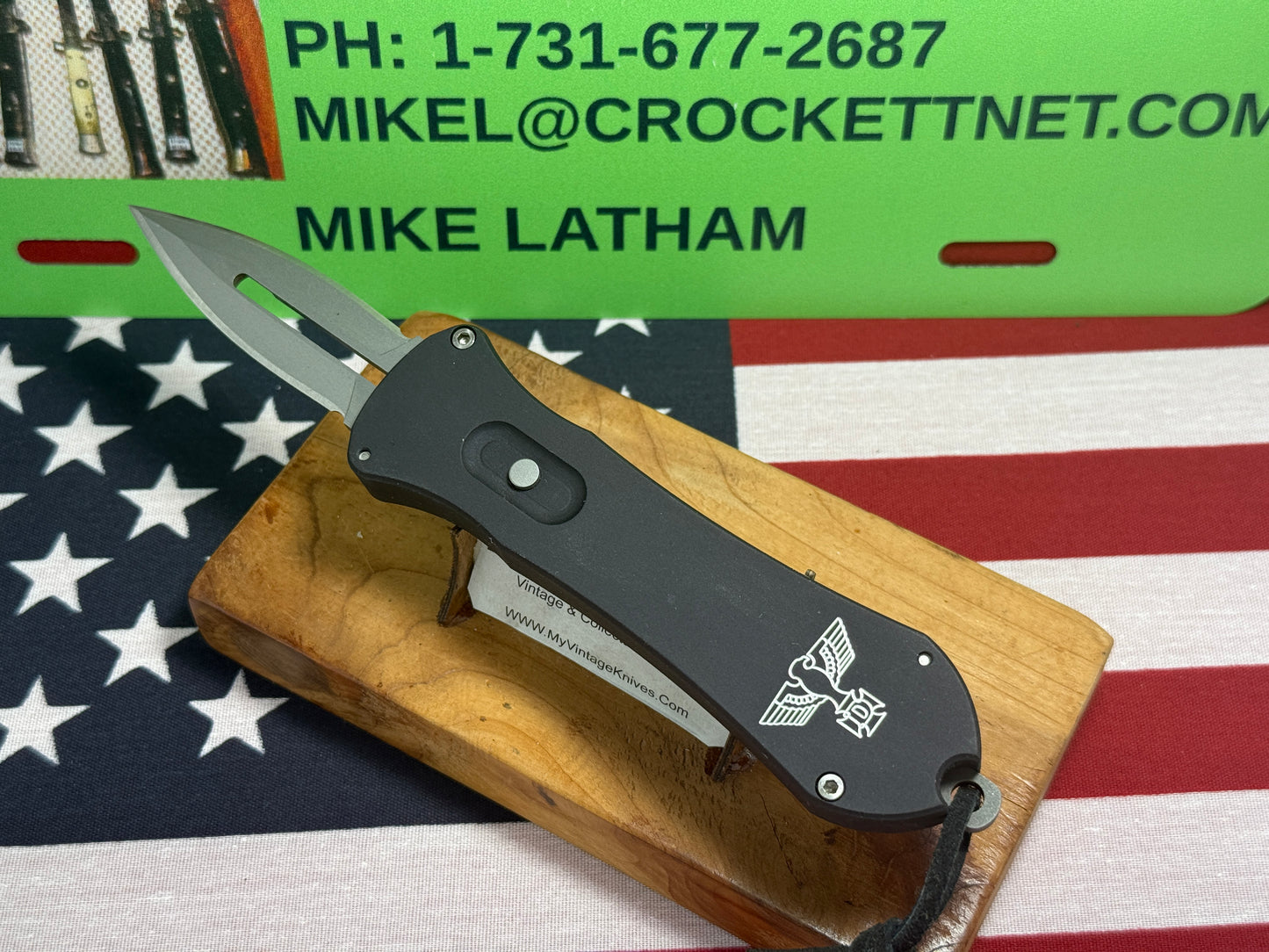 DALTON, ROB CUSTOM KNIFE 1998-2010 TANGO WITH EAGEL OTF SINGLE ACTION TACTICAL AUTOMATIC KNIFE BLACK METAL HANDLES