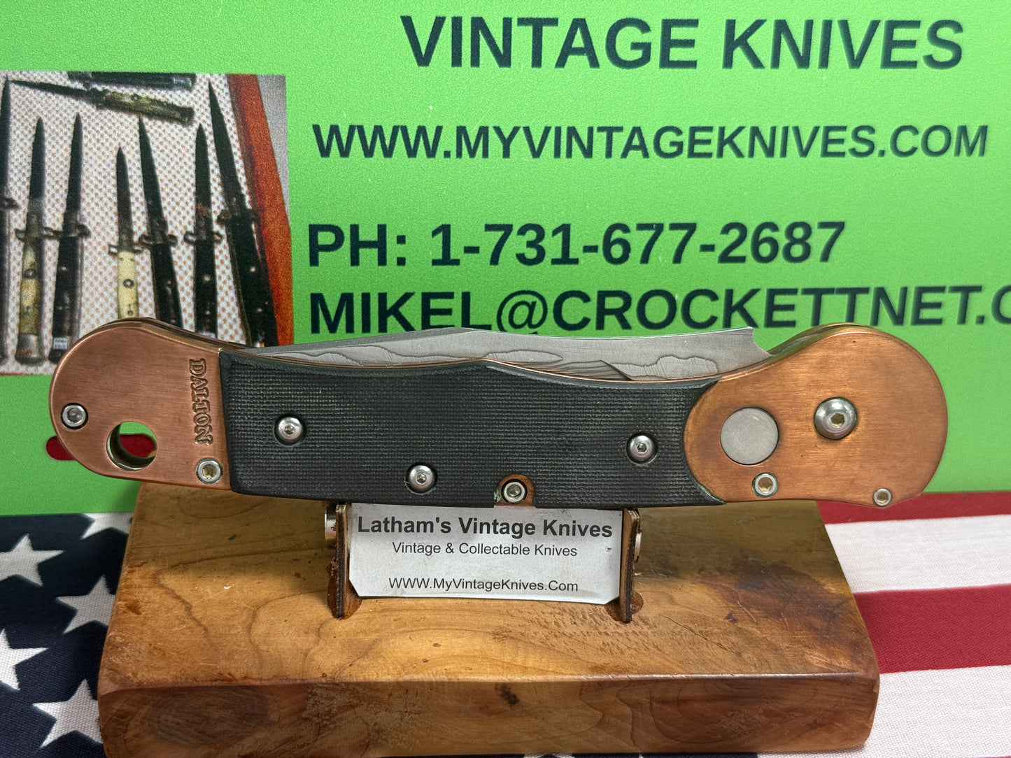 DALTON, ROB CUSTOM AUTOMATIC KNIFE 1998-2010 SIDE OPENING COPPER COMCAT DAMACUS STEEL TACTICAL AUTOMATIC KNIFE COPPER WITH BLACK FIBER HANDLES