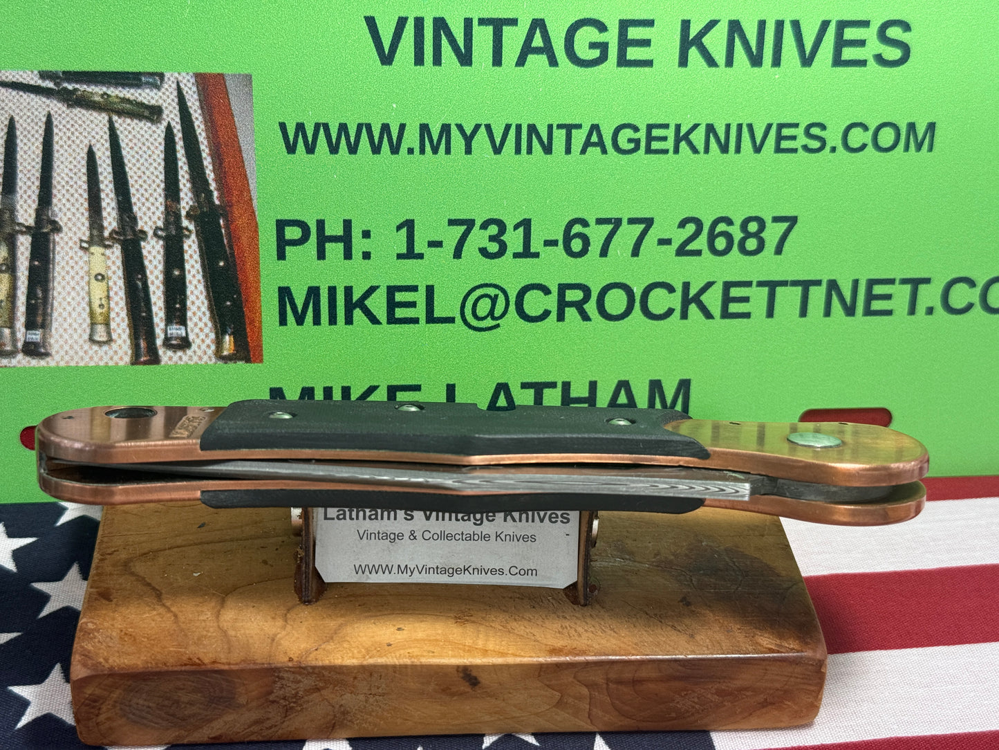 DALTON, ROB CUSTOM AUTOMATIC KNIFE 1998-2010 SIDE OPENING COPPER COMCAT DAMACUS STEEL TACTICAL AUTOMATIC KNIFE COPPER WITH BLACK FIBER HANDLES