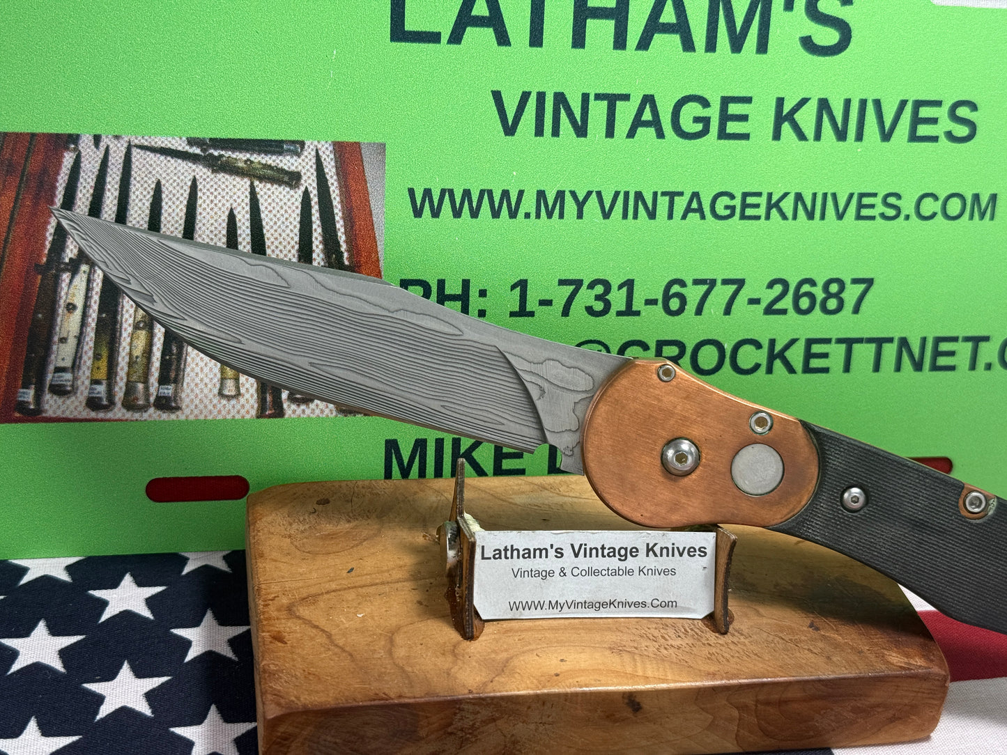 DALTON, ROB CUSTOM AUTOMATIC KNIFE 1998-2010 SIDE OPENING COPPER COMCAT DAMACUS STEEL TACTICAL AUTOMATIC KNIFE COPPER WITH BLACK FIBER HANDLES
