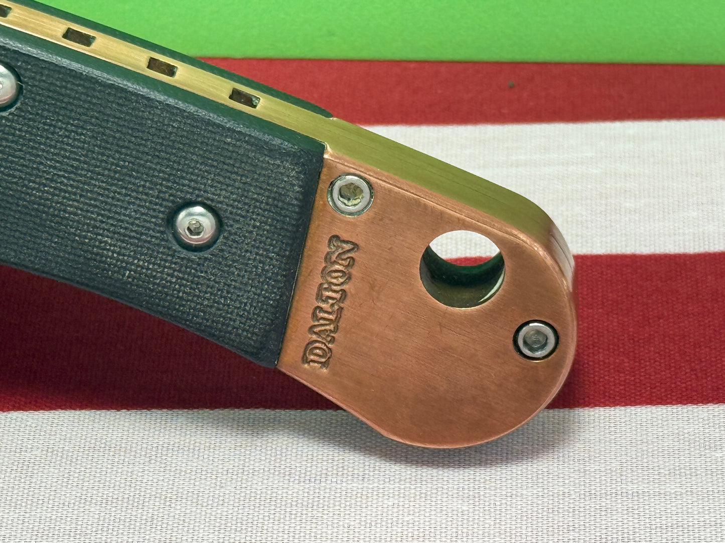 DALTON, ROB CUSTOM AUTOMATIC KNIFE 1998-2010 SIDE OPENING COPPER COMCAT DAMACUS STEEL TACTICAL AUTOMATIC KNIFE COPPER WITH BLACK FIBER HANDLES