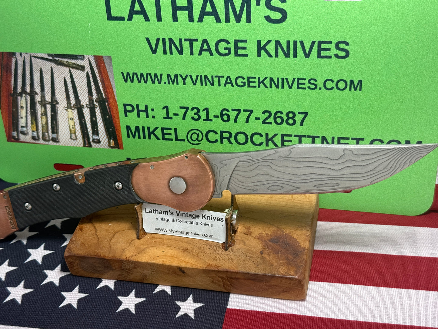 DALTON, ROB CUSTOM AUTOMATIC KNIFE 1998-2010 SIDE OPENING COPPER COMCAT DAMACUS STEEL TACTICAL AUTOMATIC KNIFE COPPER WITH BLACK FIBER HANDLES