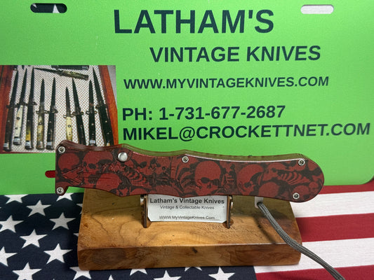 DALTON, ROB CUSTOM AUTOMATIC KNIFE 1998-2010 OTF SINGLE ACTION MAYHEM PROPERTY OF MILITIA TACTICAL AUTOMATIC KNIFE RED METALIC METAL HANDLES