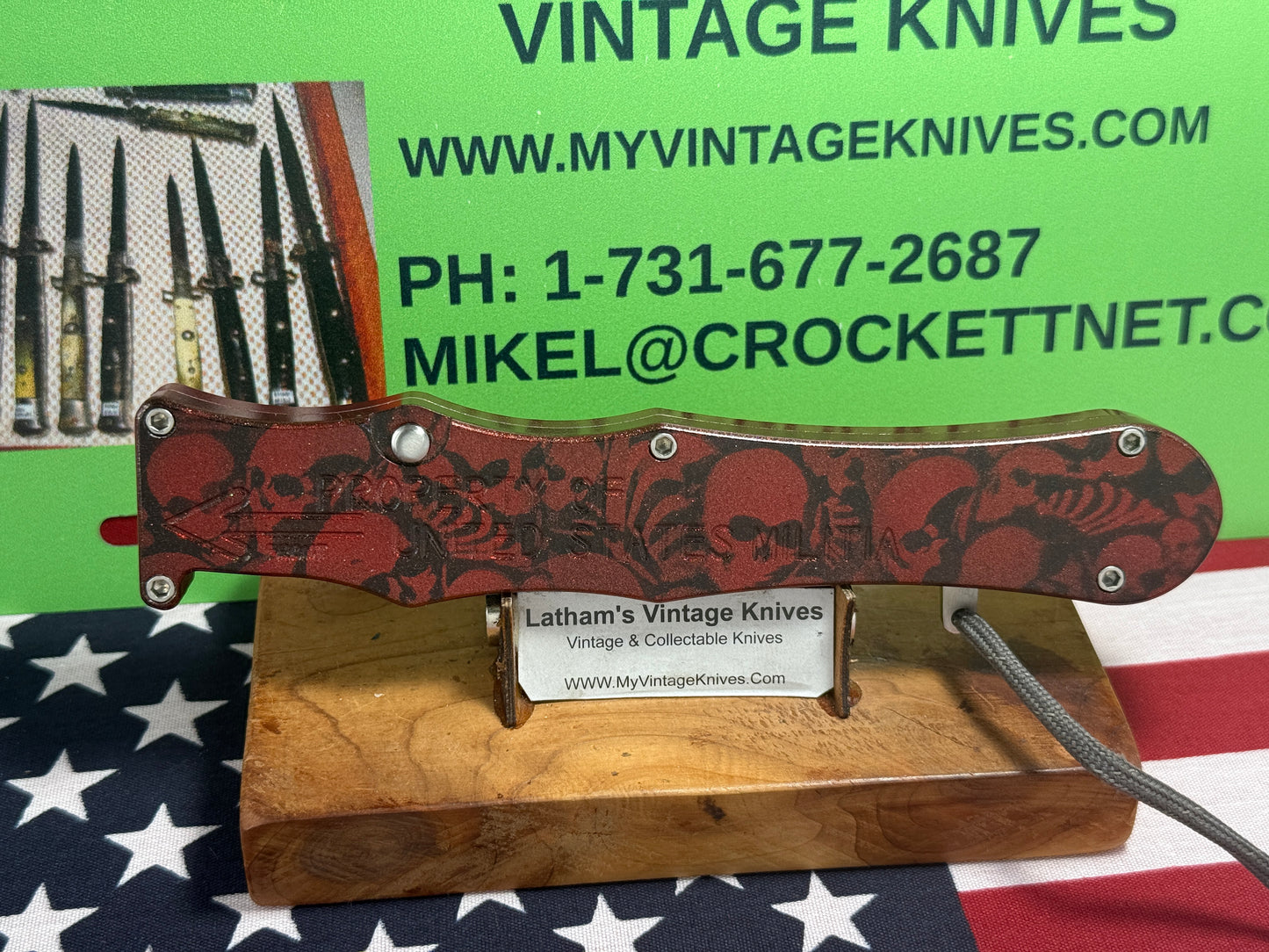 DALTON, ROB CUSTOM AUTOMATIC KNIFE 1998-2010 OTF SINGLE ACTION MAYHEM PROPERTY OF MILITIA TACTICAL AUTOMATIC KNIFE RED METALIC METAL HANDLES