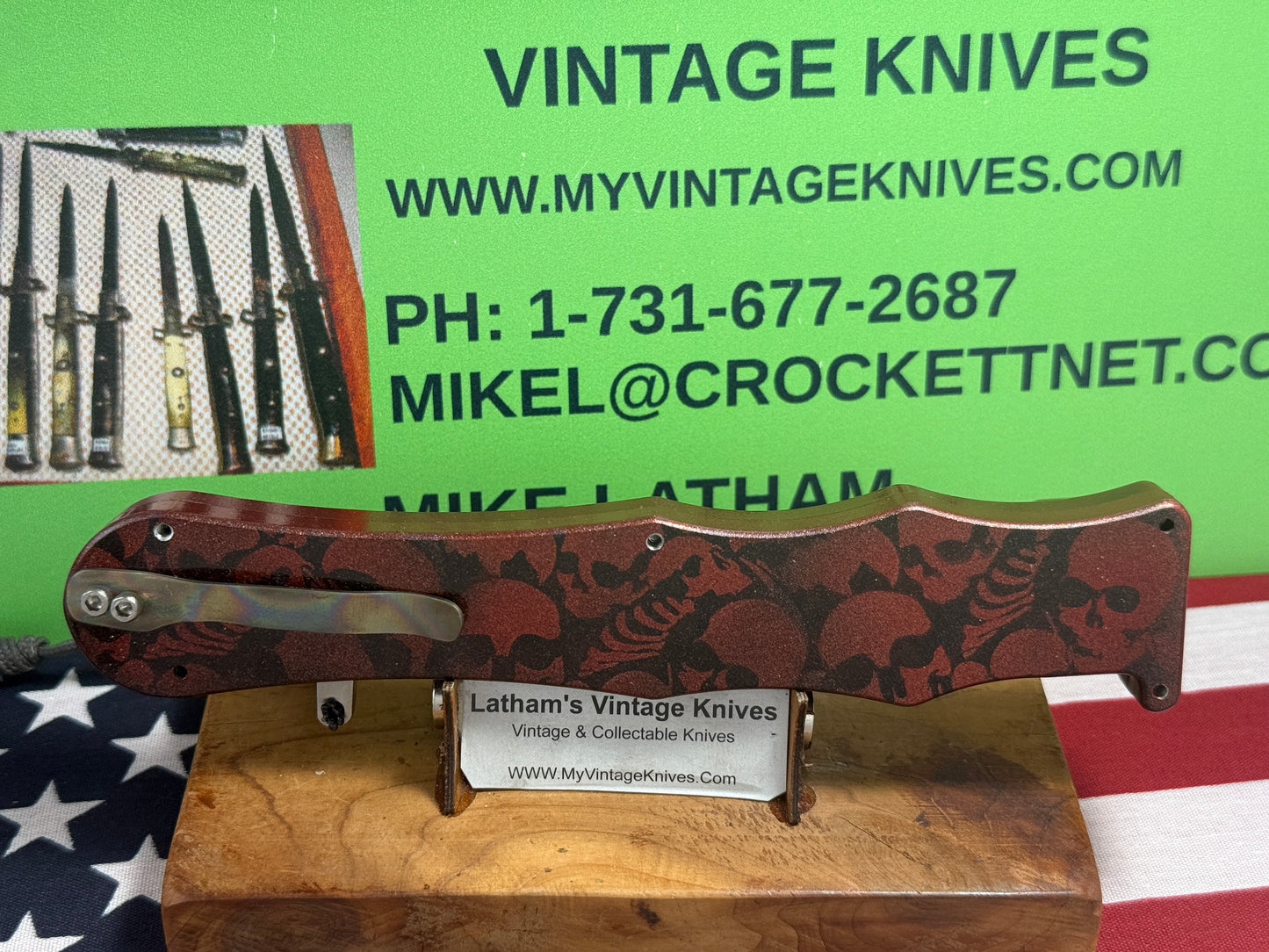 DALTON, ROB CUSTOM AUTOMATIC KNIFE 1998-2010 OTF SINGLE ACTION MAYHEM PROPERTY OF MILITIA TACTICAL AUTOMATIC KNIFE RED METALIC METAL HANDLES
