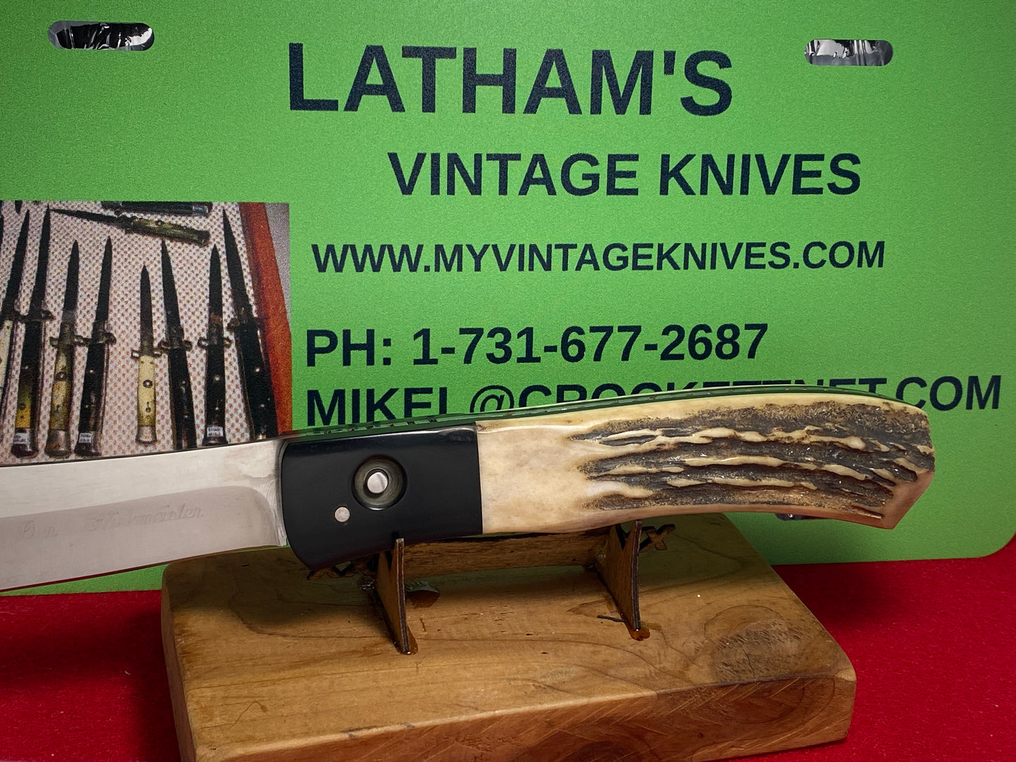 HUCK KNIVES, JAMES HUCKEBA CUSTOM LARGE DER FLICKMEISTER CUSTOM AUTOMATIC KNIFE STAG HANDLES