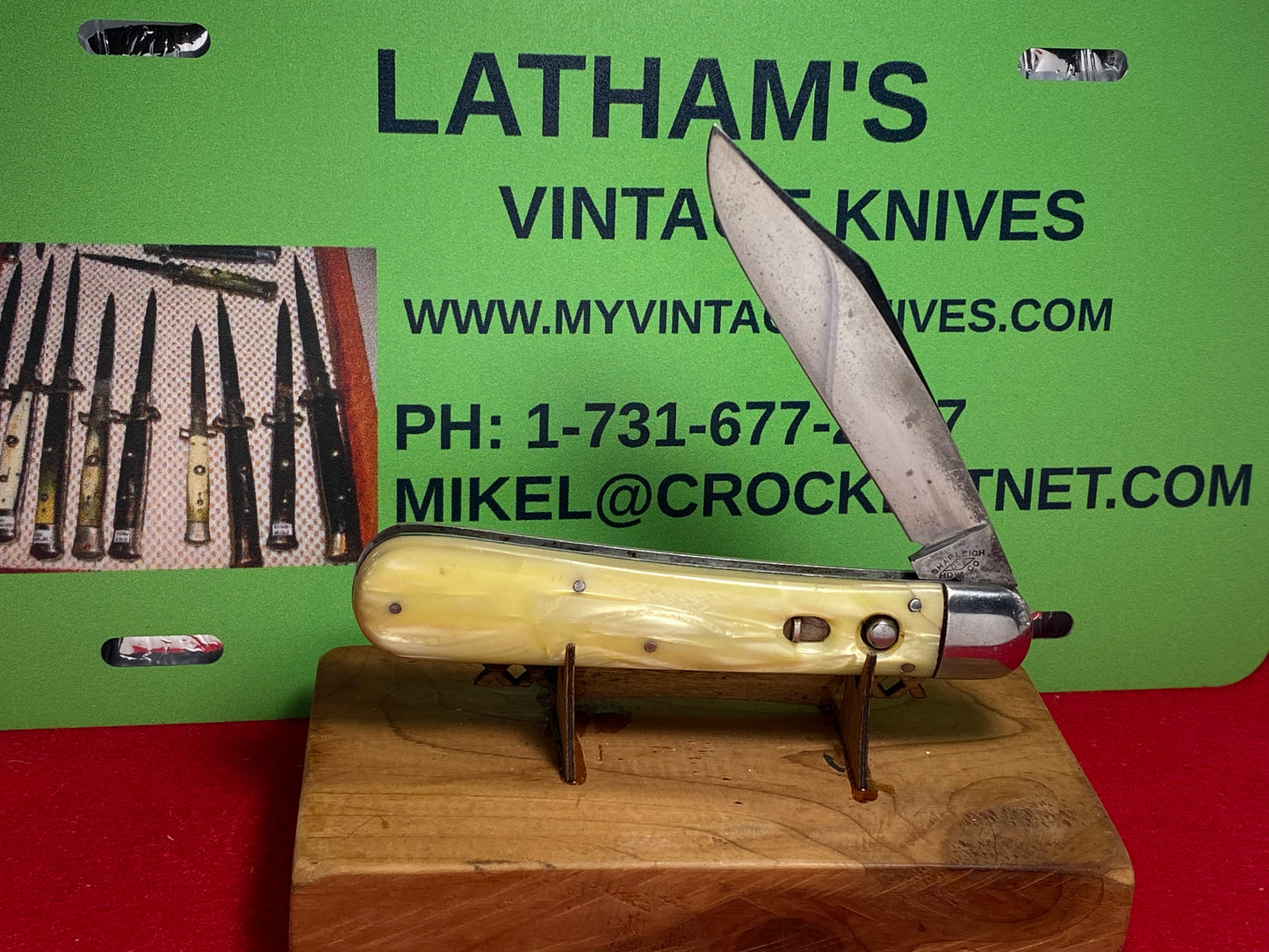 SHAPLEIGH D-E HDW CO. 1916-46 HUNTER 4 7/8" VINTAGE AMERICAN AUTOMATIC KNIFE MARINE PEARL CELLULOID HANDLES