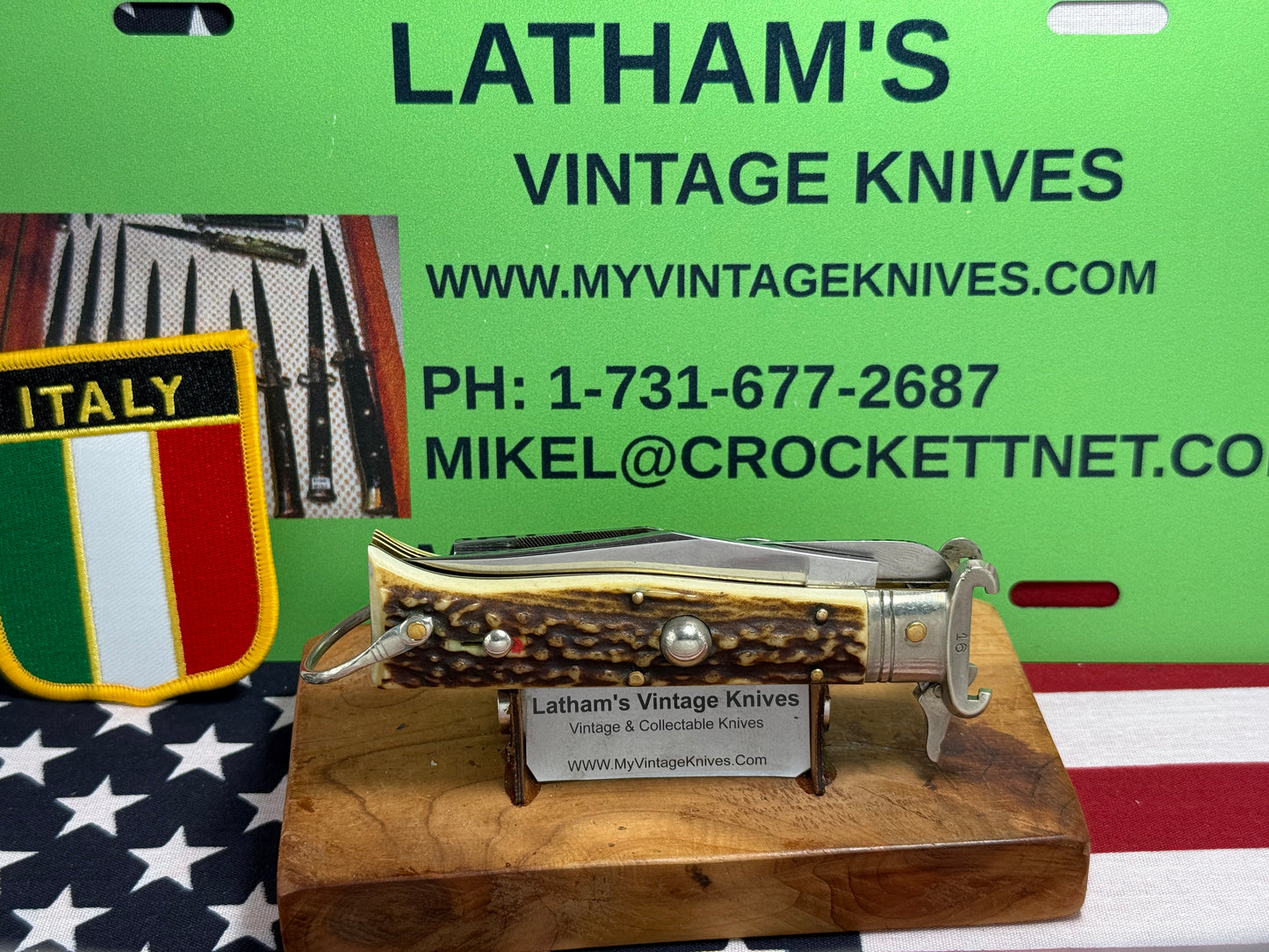 INDIANA INOX ITALY 1962-68 FULCRUM RELEASE 5 BL CAMPER WITH SHELL PULLER ITALIAN AUTOMATIC KNIFE STAG HANDLES