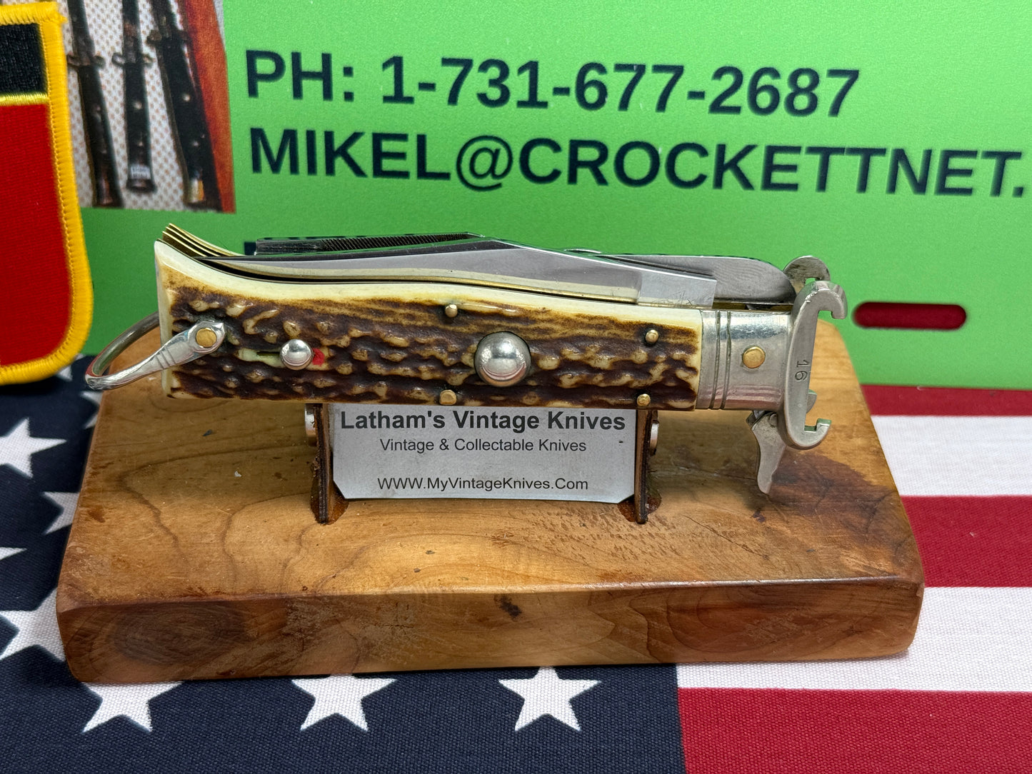 INDIANA INOX ITALY 1962-68 FULCRUM RELEASE 5 BL CAMPER WITH SHELL PULLER ITALIAN AUTOMATIC KNIFE STAG HANDLES