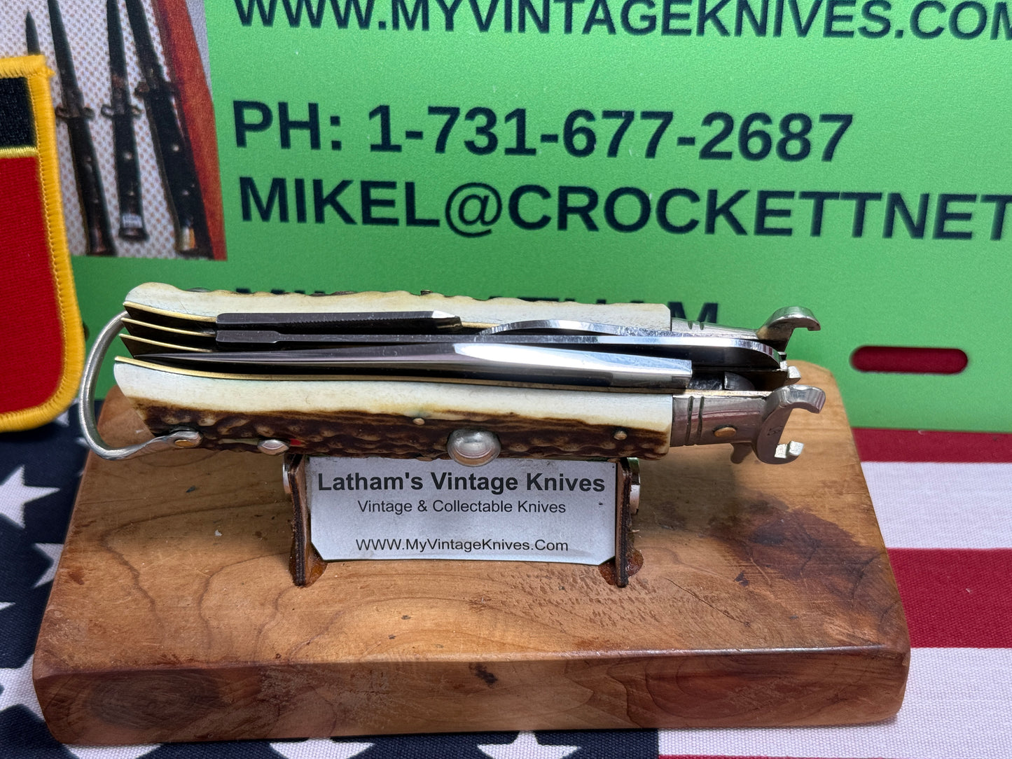 INDIANA INOX ITALY 1962-68 FULCRUM RELEASE 5 BL CAMPER WITH SHELL PULLER ITALIAN AUTOMATIC KNIFE STAG HANDLES