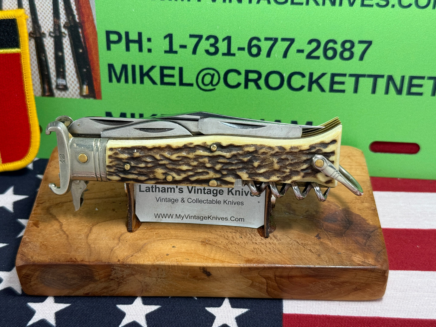 INDIANA INOX ITALY 1962-68 FULCRUM RELEASE 5 BL CAMPER WITH SHELL PULLER ITALIAN AUTOMATIC KNIFE STAG HANDLES