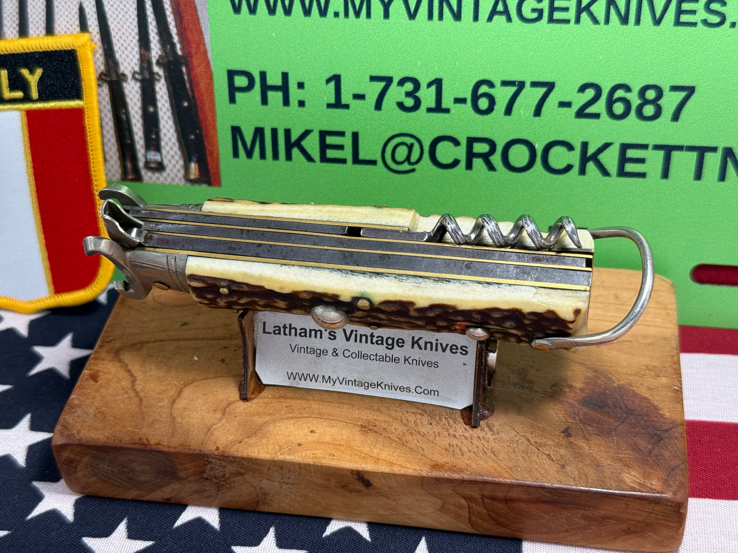 INDIANA INOX ITALY 1962-68 FULCRUM RELEASE 5 BL CAMPER WITH SHELL PULLER ITALIAN AUTOMATIC KNIFE STAG HANDLES