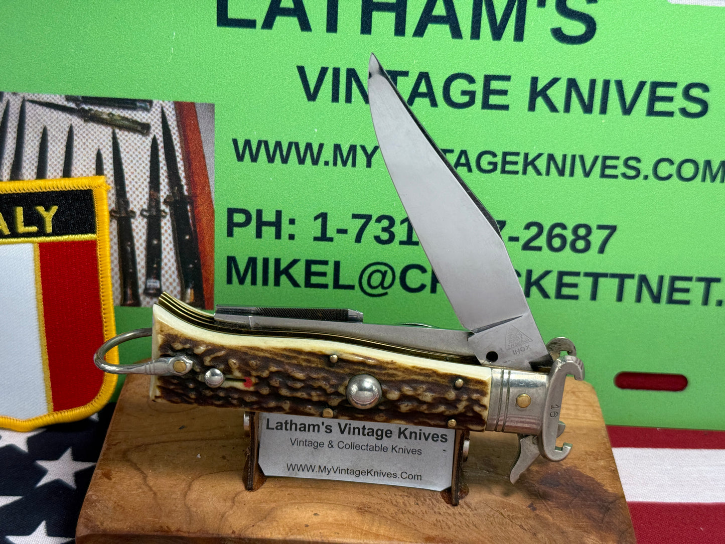 INDIANA INOX ITALY 1962-68 FULCRUM RELEASE 5 BL CAMPER WITH SHELL PULLER ITALIAN AUTOMATIC KNIFE STAG HANDLES