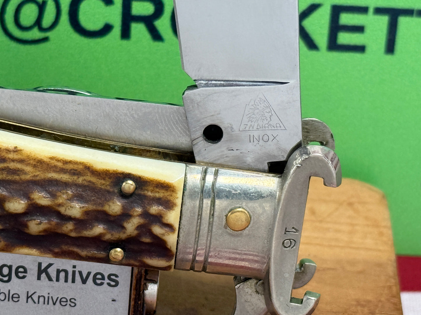 INDIANA INOX ITALY 1962-68 FULCRUM RELEASE 5 BL CAMPER WITH SHELL PULLER ITALIAN AUTOMATIC KNIFE STAG HANDLES