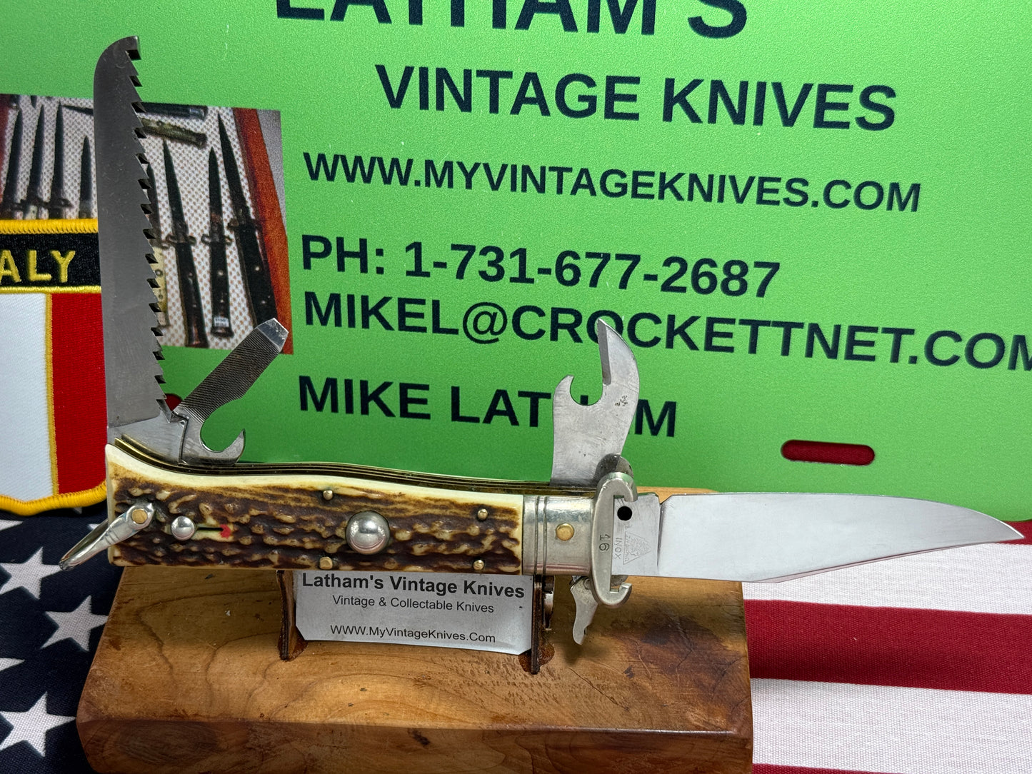 INDIANA INOX ITALY 1962-68 FULCRUM RELEASE 5 BL CAMPER WITH SHELL PULLER ITALIAN AUTOMATIC KNIFE STAG HANDLES