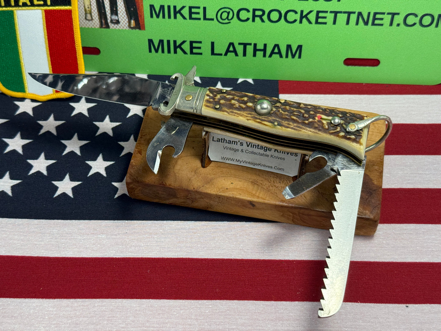 INDIANA INOX ITALY 1962-68 FULCRUM RELEASE 5 BL CAMPER WITH SHELL PULLER ITALIAN AUTOMATIC KNIFE STAG HANDLES