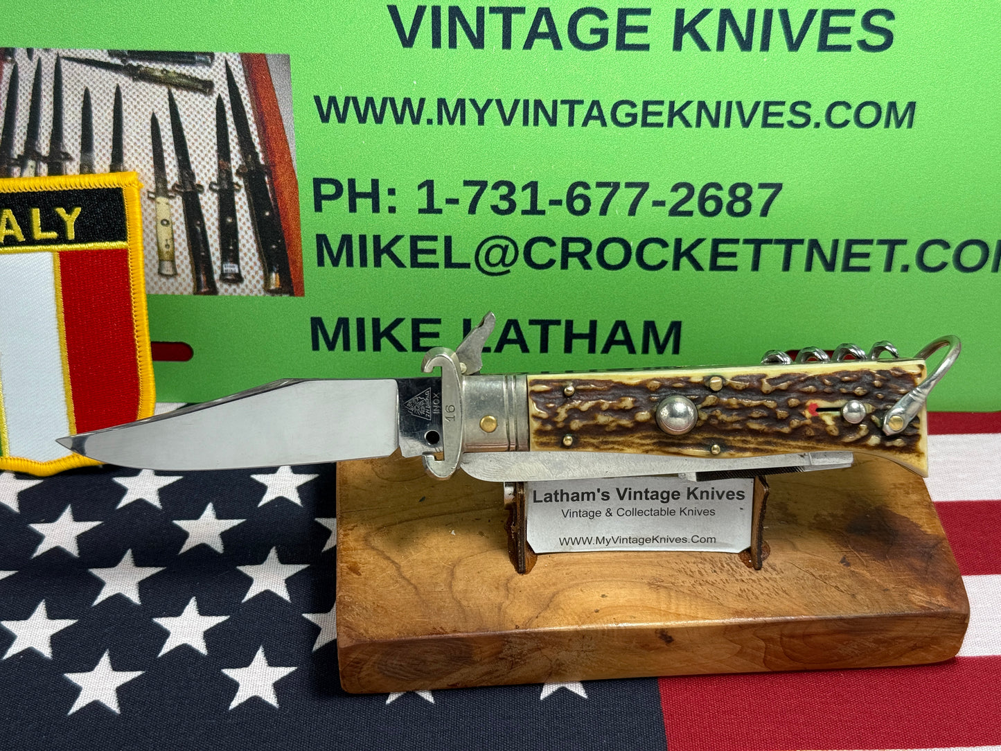 INDIANA INOX ITALY 1962-68 FULCRUM RELEASE 5 BL CAMPER WITH SHELL PULLER ITALIAN AUTOMATIC KNIFE STAG HANDLES