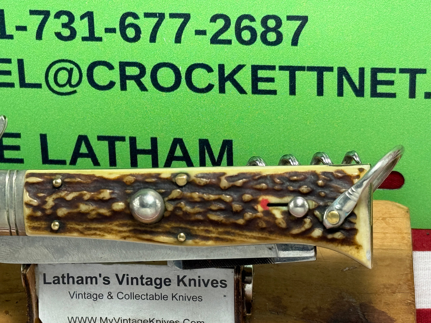 INDIANA INOX ITALY 1962-68 FULCRUM RELEASE 5 BL CAMPER WITH SHELL PULLER ITALIAN AUTOMATIC KNIFE STAG HANDLES