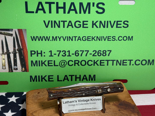 PRESTO GEO. SCHRADE KNIFE CO. BRIDGEPORT CONN. 1940-57 FISH TAIL SINGLE BLADE 4" VINTAGE AMERICAN AUTOMATIC KNIFE JIGGED BONE HANDLES