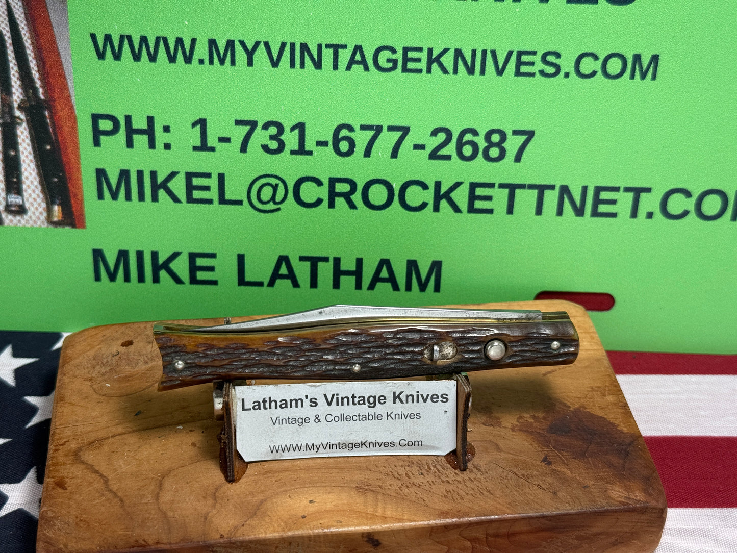 PRESTO GEO. SCHRADE KNIFE CO. BRIDGEPORT CONN. 1940-57 FISH TAIL SINGLE BLADE 4" VINTAGE AMERICAN AUTOMATIC KNIFE JIGGED BONE HANDLES